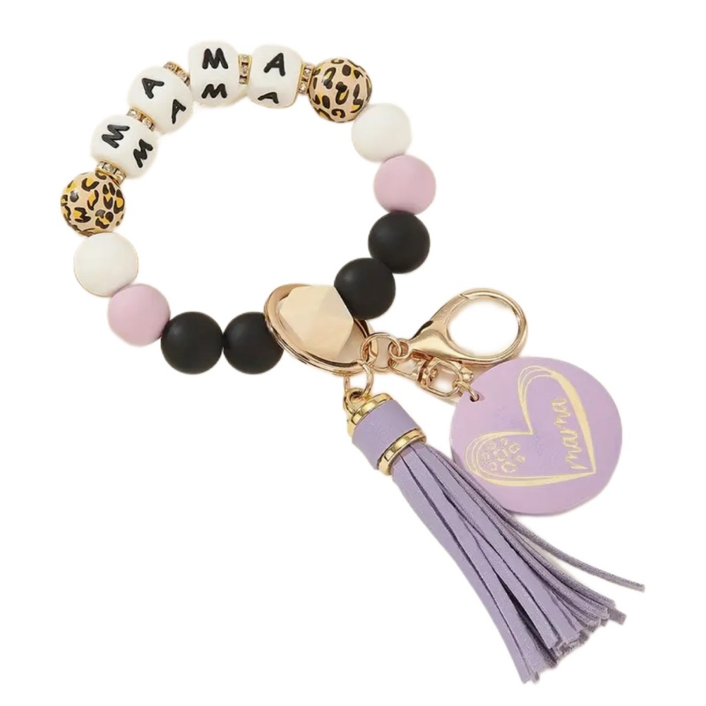Mama Leopard Print & Lilac Silicone Beaded Keychain Wristlet w/ Fringe